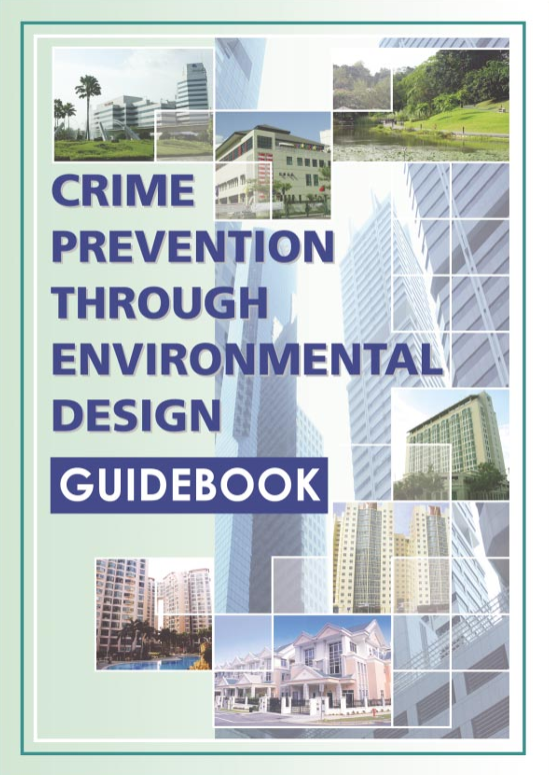Book cover titled "Crime Prevention Through Environmental Design Guidebook," featuring a collage of various buildings, parks, and urban architecture.